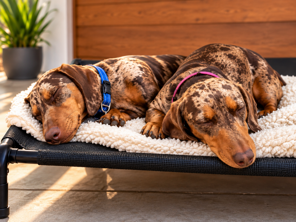 two dapple dachshunds resting comfortably together on a cosy dog bed